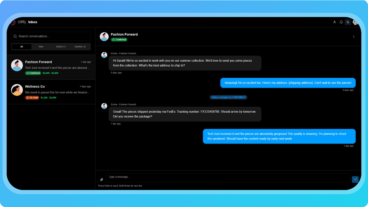 Dashboard / inbox screenshot